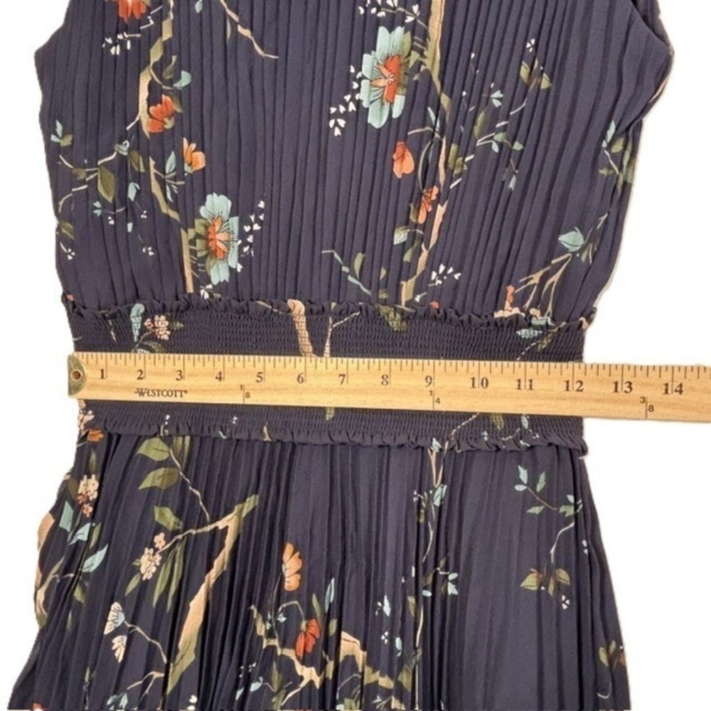 Nanette Lepore Pleated Midi Dress Women 6 Navy Blue Floral Smocked Waist - Picture 6 of 15